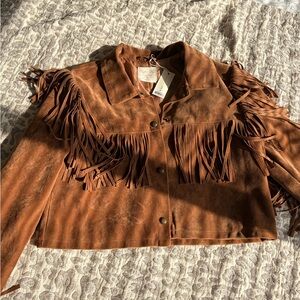Rylee + Cru Tan Fringe Leather Jacket